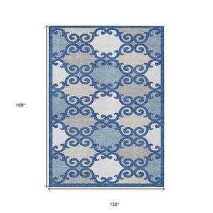 HomeRoots 5' Trellis Area Rug in Navy Blue, Gray, and Ivory - Durable, Washable, Indoor-Outdoor Style 10' X 14' 592040