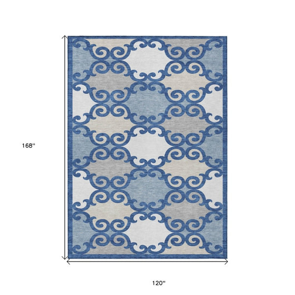 HomeRoots 5' Trellis Area Rug in Navy Blue, Gray, and Ivory - Durable, Washable, Indoor-Outdoor Style 10' X 14' 592040