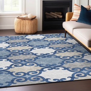 HomeRoots 5' Trellis Area Rug in Navy Blue, Gray, and Ivory - Durable, Washable, Indoor-Outdoor Style 10' X 14' 592040