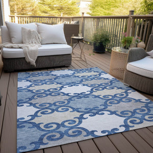 HomeRoots 5' Trellis Area Rug in Navy Blue, Gray, and Ivory - Durable, Washable, Indoor-Outdoor Style 10' X 14' 592040
