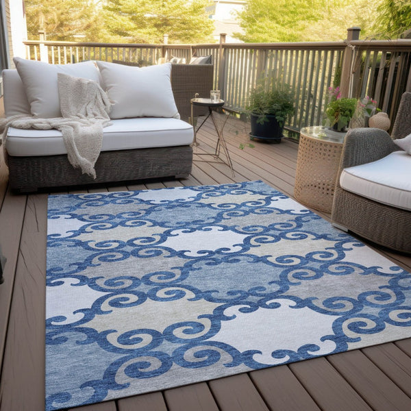 HomeRoots 5' Trellis Area Rug in Navy Blue, Gray, and Ivory - Durable, Washable, Indoor-Outdoor Style 10' X 14' 592040