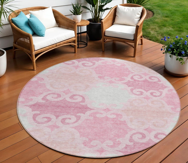 HomeRoots 5' Pink and Gray Trellis Indoor Outdoor Area Rug - Stylish, Washable, Durable for All Spaces! 8' Round 592043