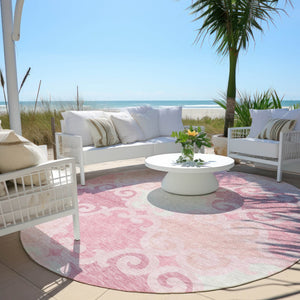 HomeRoots 5' Pink and Gray Trellis Indoor Outdoor Area Rug - Stylish, Washable, Durable for All Spaces! 8' Round 592043