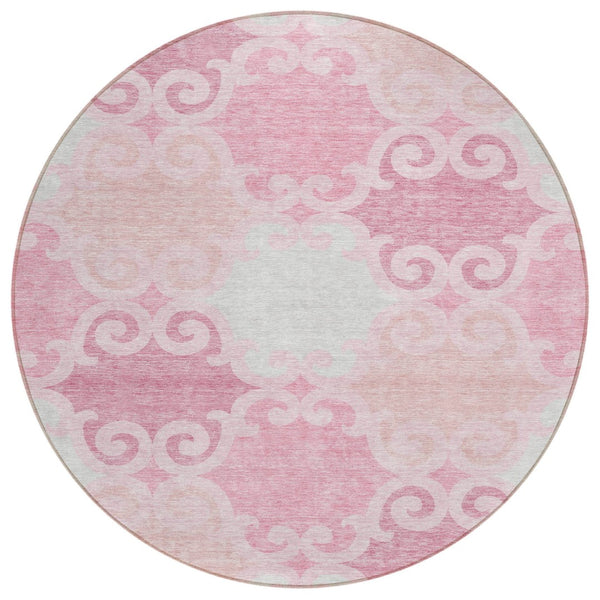 HomeRoots 5' Pink and Gray Trellis Indoor Outdoor Area Rug - Stylish, Washable, Durable for All Spaces! 8' Round 592043