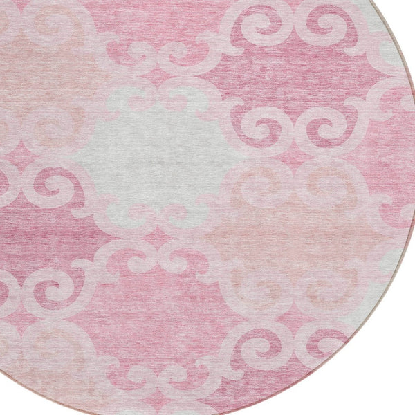 HomeRoots 5' Pink and Gray Trellis Indoor Outdoor Area Rug - Stylish, Washable, Durable for All Spaces! 8' Round 592043