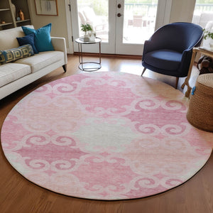 HomeRoots 5' Pink and Gray Trellis Indoor Outdoor Area Rug - Stylish, Washable, Durable for All Spaces! 8' Round 592043