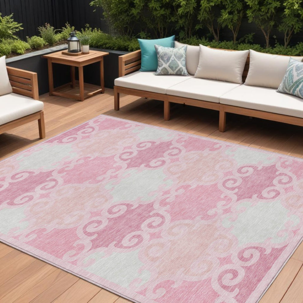 HomeRoots 5' Pink and Gray Trellis Indoor Outdoor Area Rug - Stylish, Washable, Durable for All Spaces! 8' X 10' 592044