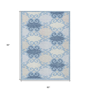 HomeRoots 5' Stylish Sky Blue Gray Ivory Trellis Indoor Outdoor Area Rug - Durable, Washable, Versatile Design 5' X 8' 592048