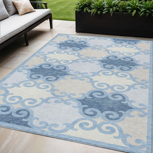HomeRoots 5' Stylish Sky Blue Gray Ivory Trellis Indoor Outdoor Area Rug - Durable, Washable, Versatile Design 5' X 8' 592048
