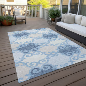 HomeRoots 5' Stylish Sky Blue Gray Ivory Trellis Indoor Outdoor Area Rug - Durable, Washable, Versatile Design 5' X 8' 592048