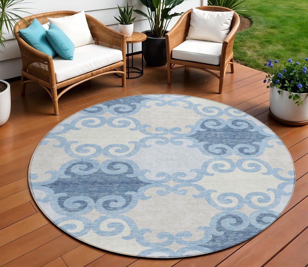 HomeRoots 5' Stylish Sky Blue Gray Ivory Trellis Indoor Outdoor Area Rug - Durable, Washable, Versatile Design 8' Round 592049