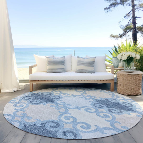 HomeRoots 5' Stylish Sky Blue Gray Ivory Trellis Indoor Outdoor Area Rug - Durable, Washable, Versatile Design 8' Round 592049