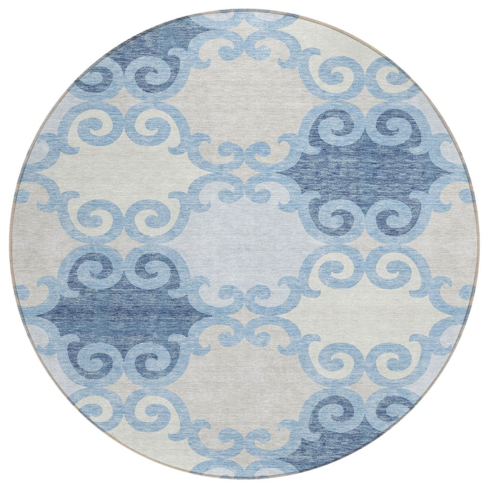 HomeRoots 5' Stylish Sky Blue Gray Ivory Trellis Indoor Outdoor Area Rug - Durable, Washable, Versatile Design 8' Round 592049
