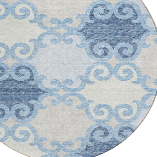 HomeRoots 5' Stylish Sky Blue Gray Ivory Trellis Indoor Outdoor Area Rug - Durable, Washable, Versatile Design 8' Round 592049