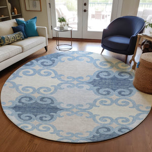 HomeRoots 5' Stylish Sky Blue Gray Ivory Trellis Indoor Outdoor Area Rug - Durable, Washable, Versatile Design 8' Round 592049