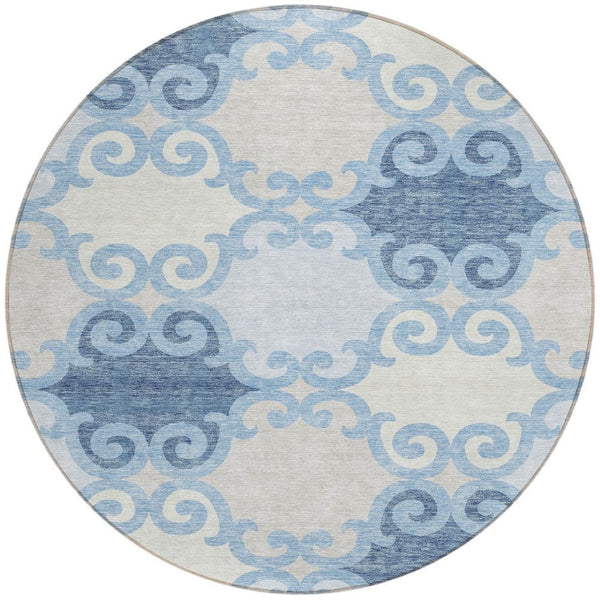 HomeRoots 5' Stylish Sky Blue Gray Ivory Trellis Indoor Outdoor Area Rug - Durable, Washable, Versatile Design 8' Round 592049