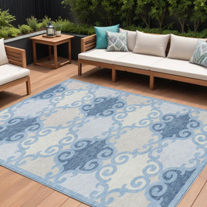 HomeRoots 5' Stylish Sky Blue Gray Ivory Trellis Indoor Outdoor Area Rug - Durable, Washable, Versatile Design 8' X 10' 592050