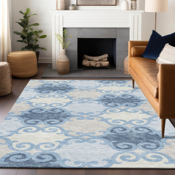 HomeRoots 5' Stylish Sky Blue Gray Ivory Trellis Indoor Outdoor Area Rug - Durable, Washable, Versatile Design 8' X 10' 592050