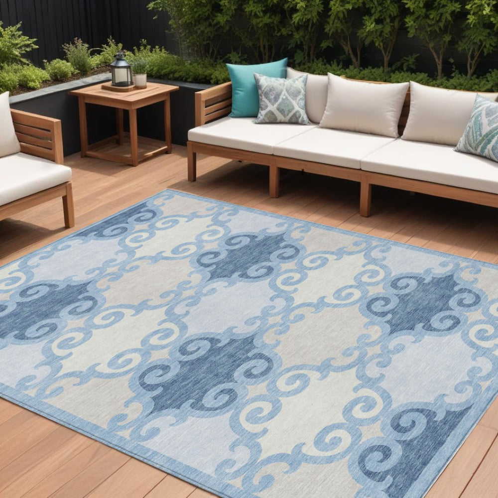HomeRoots 9' Sky Blue Gray and Ivory Trellis Washable Area Rug - Stylish, Durable, Indoor-Outdoor Use, Easy Care 9' X 12' 592051