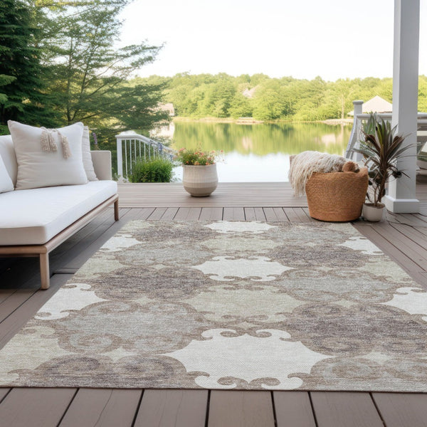 HomeRoots 9' Stylish Taupe Beige and Gray Trellis Washable Rug for Indoor and Outdoor Living Spaces, Durable & Easy Care 9' X 12' 592057