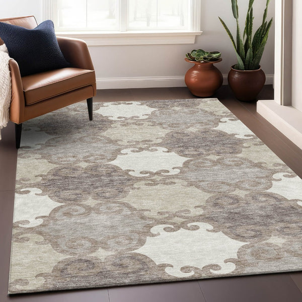 HomeRoots 9' Stylish Taupe Beige and Gray Trellis Washable Rug for Indoor and Outdoor Living Spaces, Durable & Easy Care 9' X 12' 592057