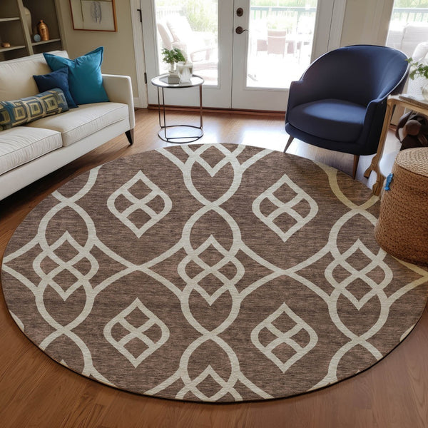 Homeroots 3' Artichoke Green And Ivory Trellis Washable Rug For Indoor Outdoor Spaces - Durable And Stylish! 8' Round Polyester 592085