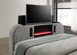 English Elm Shelyn Teddy Sherpa Queen Bed with LED Headboard, Fireplace TV Lift, Bluetooth Speakers & Storage Gray 85.63 L x 12.6 W x 6.18 H B2726S00530