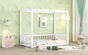 English Elm Twin Canopy Frame Floor Bed With Guardrails – Charming White Design For Cozy Kids' Rooms & Playtime W504P143278-GIGA