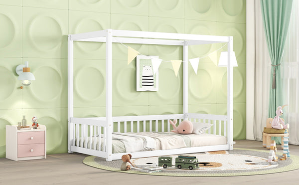 English Elm Twin Canopy Frame Floor Bed With Guardrails – Charming White Design For Cozy Kids' Rooms & Playtime W504P143278-GIGA