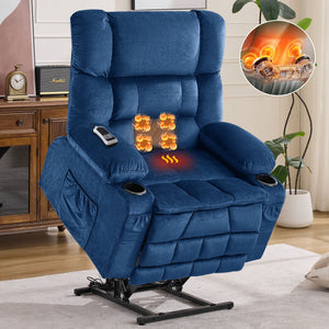 English Elm Dual Motor Large Power Lift Recliner Chair with Waist Kneading & Heat, Extended Footrest, USB Ports Blue W1521S00073