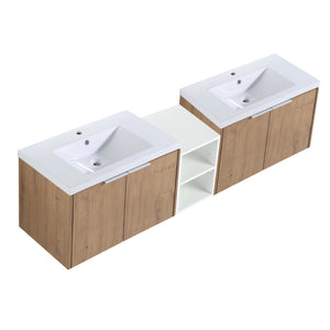 English Elm 72 Inch Wall Mounted Vanity with Resin Sink, Soft-Close Doors, Ample Storage Shelves, Durable Eco Plywood Finish Imitative Oak W999S00188
