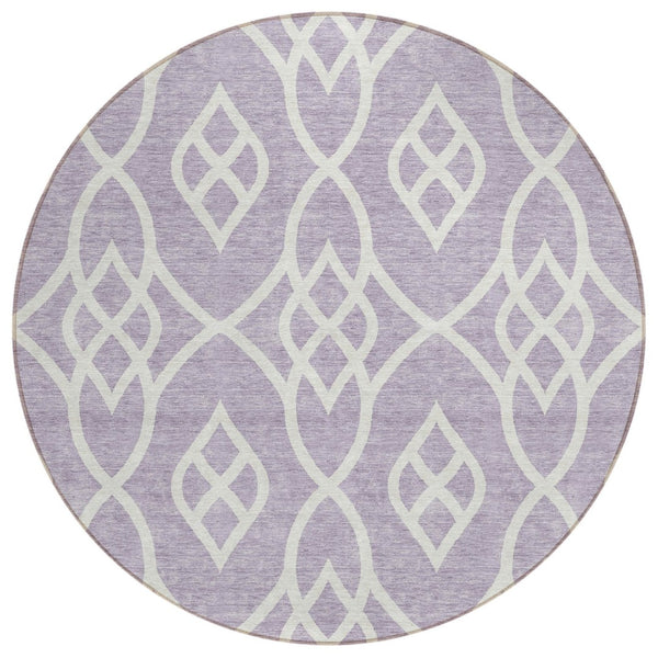HomeRoots 5' Elegant Lavender and Ivory Trellis Area Rug - Durable, Washable for Indoor and Outdoor Use 8' Round 592109