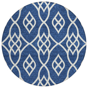 HomeRoots 5' Navy Blue and Ivory Trellis Area Rug - Durable, Washable Design for Indoor and Outdoor Spaces 8' Round 592115