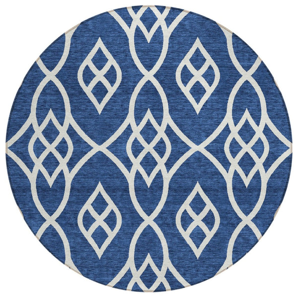 HomeRoots 5' Navy Blue and Ivory Trellis Area Rug - Durable, Washable Design for Indoor and Outdoor Spaces 8' Round 592115