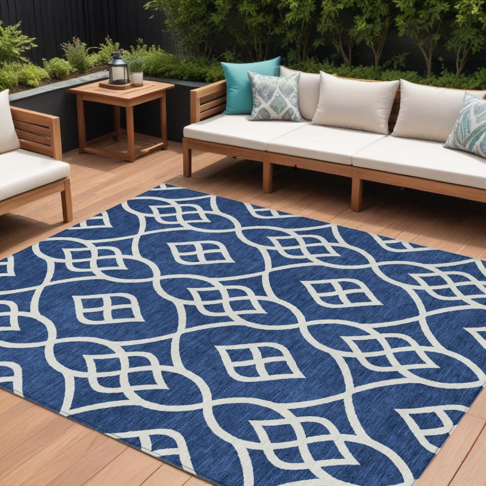 HomeRoots 9' Navy Blue and Ivory Trellis Washable Area Rug - Stylish, Durable, Perfect for Indoor/Outdoor Spaces 9' X 12' 592117