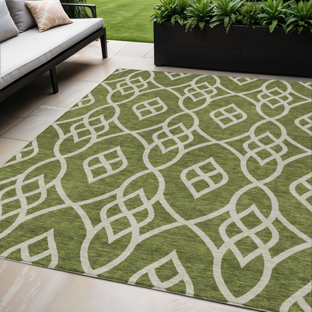 HomeRoots 5' Durable Olive Green and Ivory Trellis Area Rug for Indoor and Outdoor High-Traffic Spaces 5' X 8' 592120
