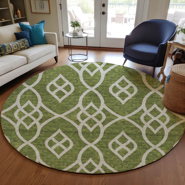 Homeroots 3' Artichoke Green And Ivory Trellis Washable Rug For Indoor Outdoor Spaces - Durable And Stylish! 8' Round Polyester 592121