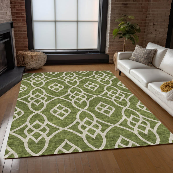 Homeroots 3' Artichoke Green And Ivory Trellis Washable Rug For Indoor Outdoor Spaces - Durable And Stylish! 9' X 12' Polyester 592123