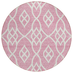 HomeRoots 5' Pink and Ivory Trellis Indoor Outdoor Area Rug – Stylish, Washable, Stain-Resistant Design for All Spaces 8' Round 592127
