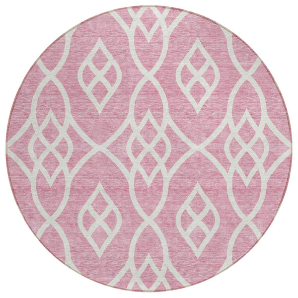HomeRoots 5' Pink and Ivory Trellis Indoor Outdoor Area Rug – Stylish, Washable, Stain-Resistant Design for All Spaces 8' Round 592127