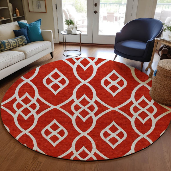 HomeRoots 5' Red and Ivory Trellis Area Rug - Stylish Indoor/Outdoor Design, Stain-Resistant & Machine Washable 8' Round 592133