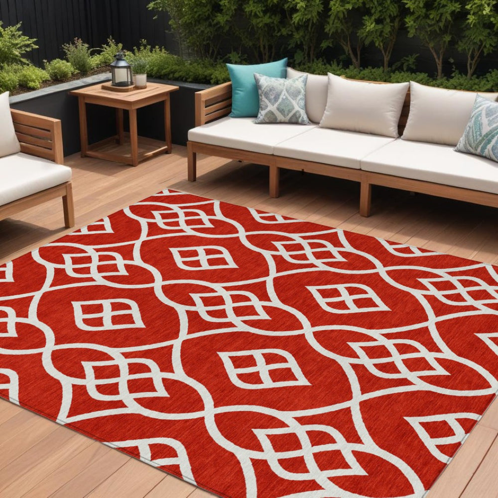 HomeRoots 9' Red and Ivory Trellis Washable Area Rug - Stylish, Durable, Stain-Resistant for Indoor/Outdoor Use 9' X 12' 592135
