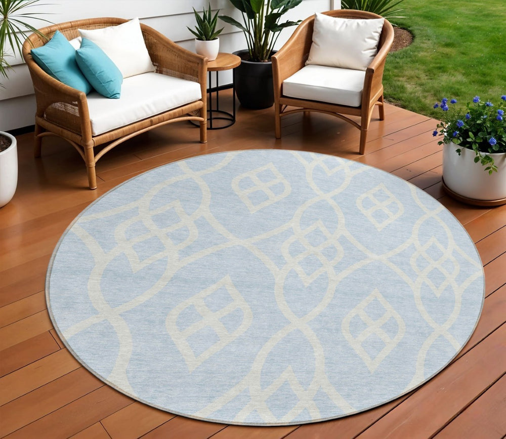 HomeRoots 5' Sky Blue and Ivory Trellis Area Rug - Stylish, Durable, Washable Indoor/Outdoor Design for Versatile Spaces 8' Round 592139