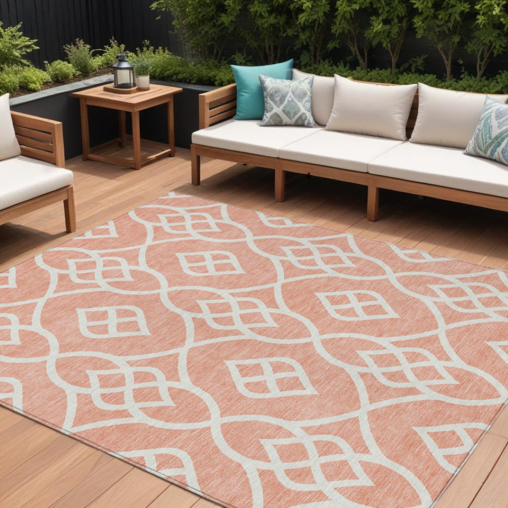 HomeRoots 9' Salmon and Ivory Trellis Indoor Outdoor Rug - Stylish, Washable, Durable for Home & Patio Use 9' X 12' 592147