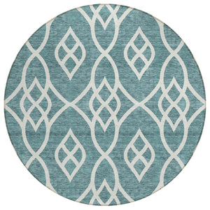 HomeRoots 5' Stylish Teal Blue and Ivory Trellis Rug – Washable, Durable, Perfect for Indoor and Outdoor Spaces 8' Round 592151