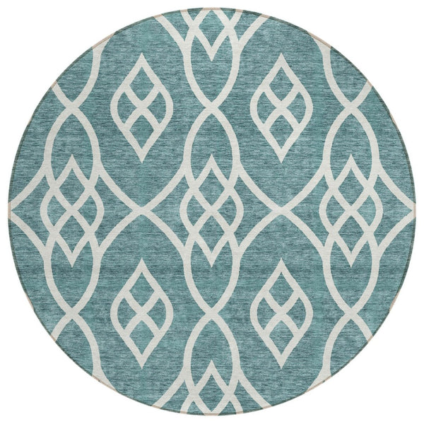 HomeRoots 5' Stylish Teal Blue and Ivory Trellis Rug – Washable, Durable, Perfect for Indoor and Outdoor Spaces 8' Round 592151