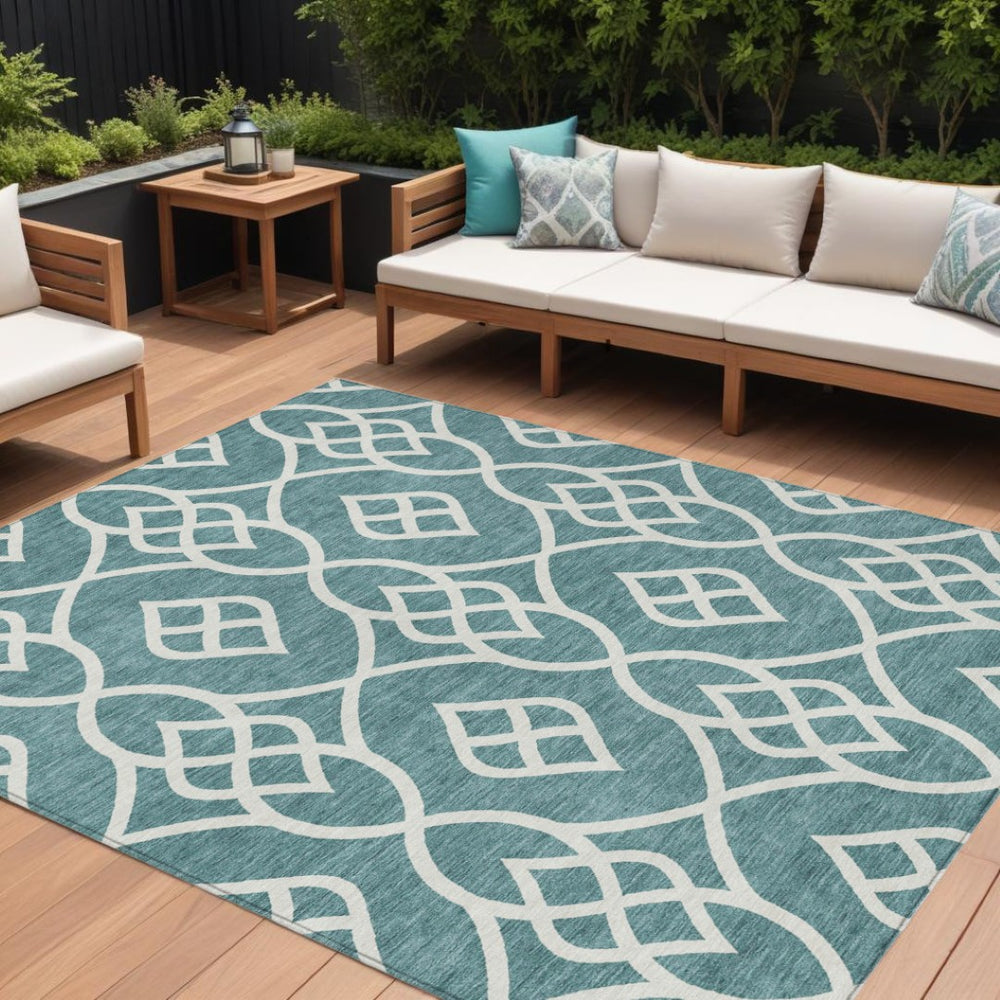 HomeRoots 9' Teal Blue and Ivory Trellis Area Rug - Durable, Washable Design for Indoor and Outdoor Spaces 9' X 12' 592153