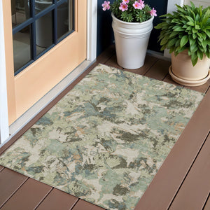 Homeroots 3' Beige Brown And Green Floral Washable Area Rug For Indoor And Outdoor Spaces, Durable Design 3' X 5' Polyester 592155