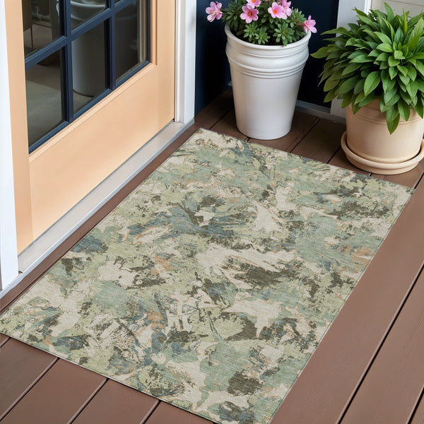 Homeroots 3' Beige Brown And Green Floral Washable Area Rug For Indoor And Outdoor Spaces, Durable Design 3' X 5' Polyester 592155