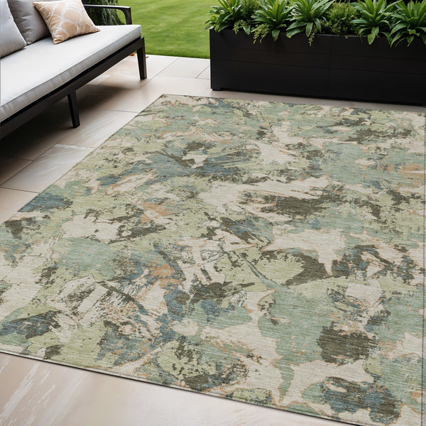 Homeroots 3' Beige Brown And Green Floral Washable Area Rug For Indoor And Outdoor Spaces, Durable Design 5' X 8' Polyester 592156